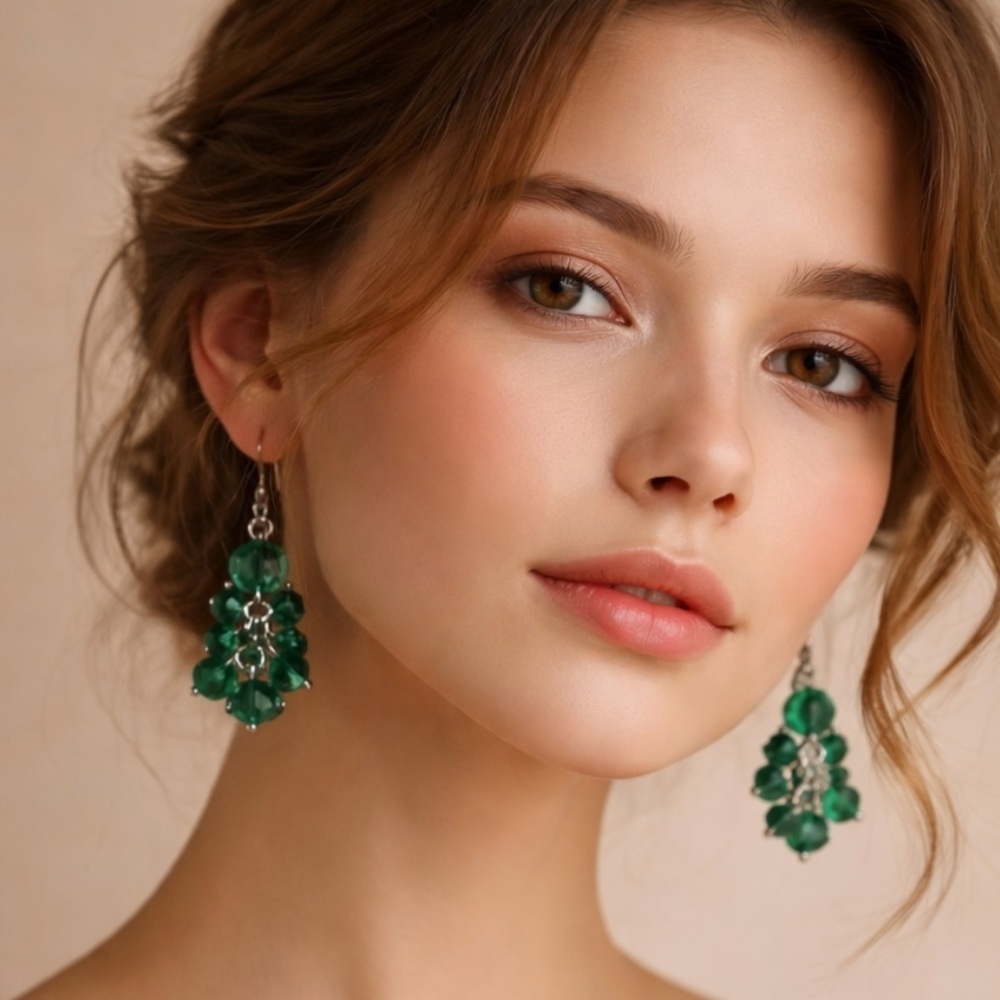 Emerald Green Faceted Silver Tone Dangle Crystal Cluster Drop Earrings